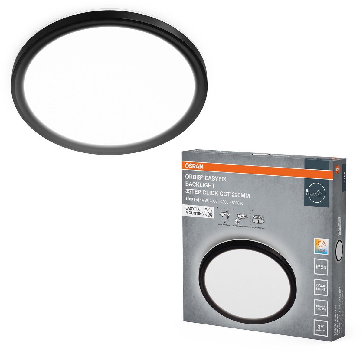 OSRAM plafondlamp zwart, 3000 K / 4000 K / 6000 K, warm wit, 950 lm, 14 W, 22 cm Ø, polypropyleen (PP), 120° stralingshoek