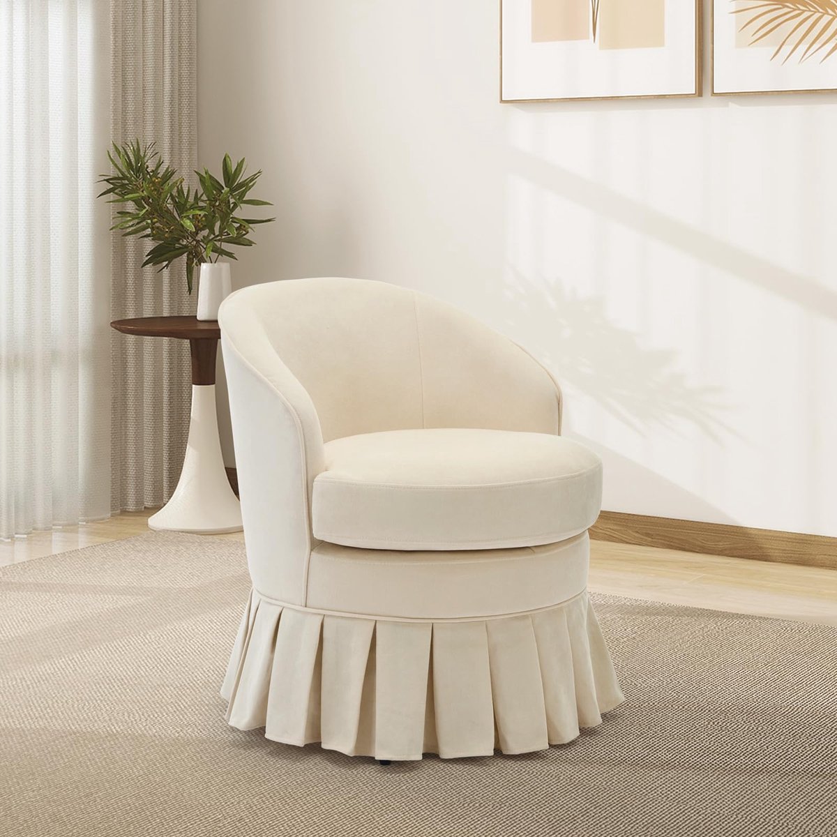 Triumpunpre - Draaibare Fauteuil - 360° Gestoffeerde Accentstoel met Houten Frame - Linnen Bekleding voor Woonkamer en Eetkamer - Beige