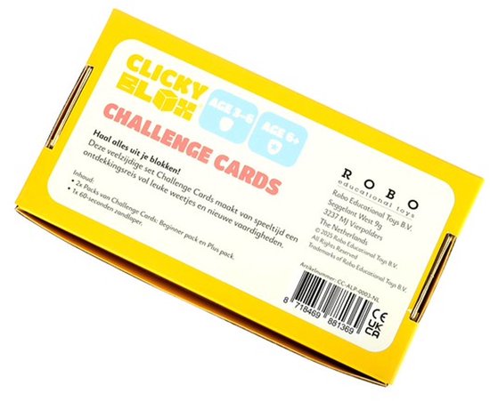 Gele doos met de tekst 'Clicky Blox Challenge Cards' en informatie over de inhoud.