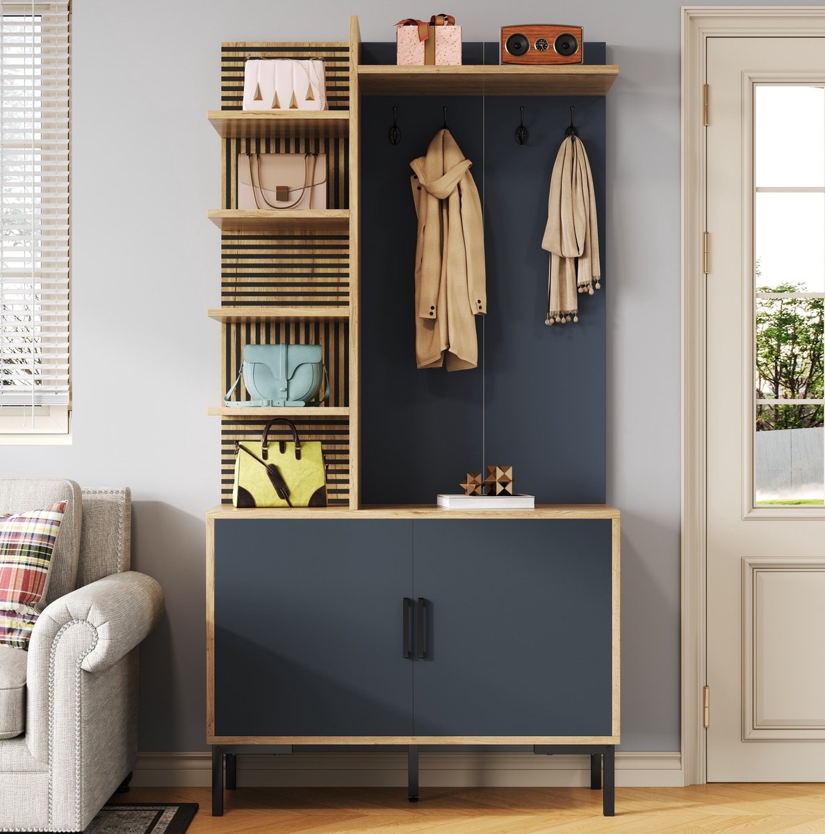 STILVORA Kapstok En Opbergrek Met Schoenenvak Haken En Verstelbare Plank Voor Hal En Entree Spaanplaat Houtkleur En Zwart 100 X 40 X 190,5 Cm