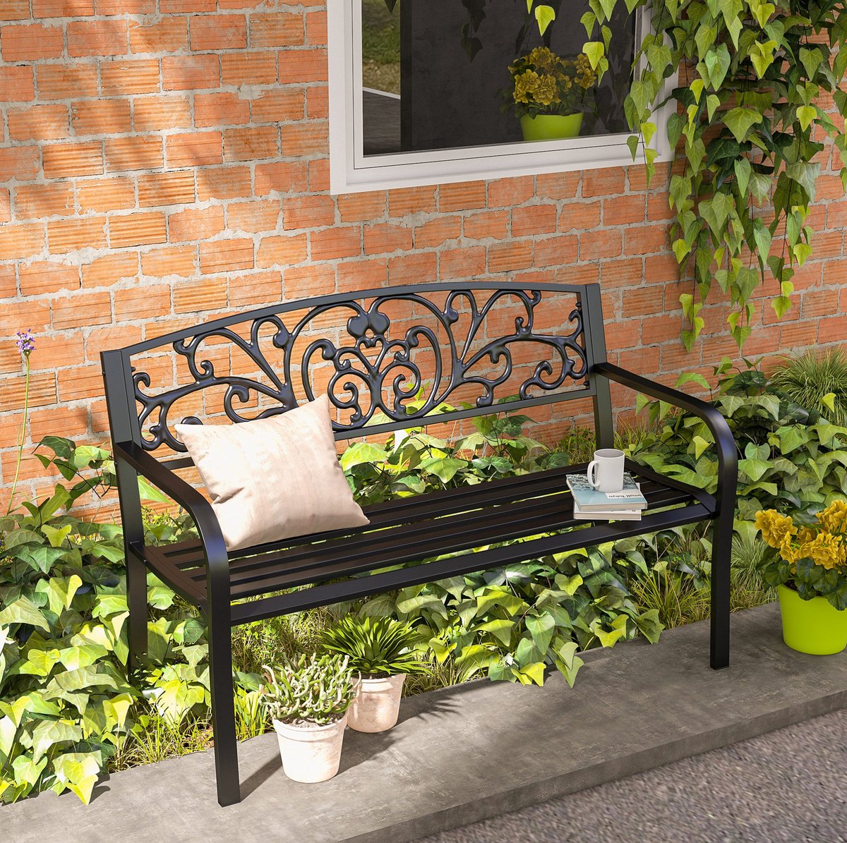 REDOM - Tuinbank - Metalen frame - Met rugleuning en armleuningen - Bloemdesign - Balkon en terras - Metaal - Zwart - 127 x 60 x 87 cm