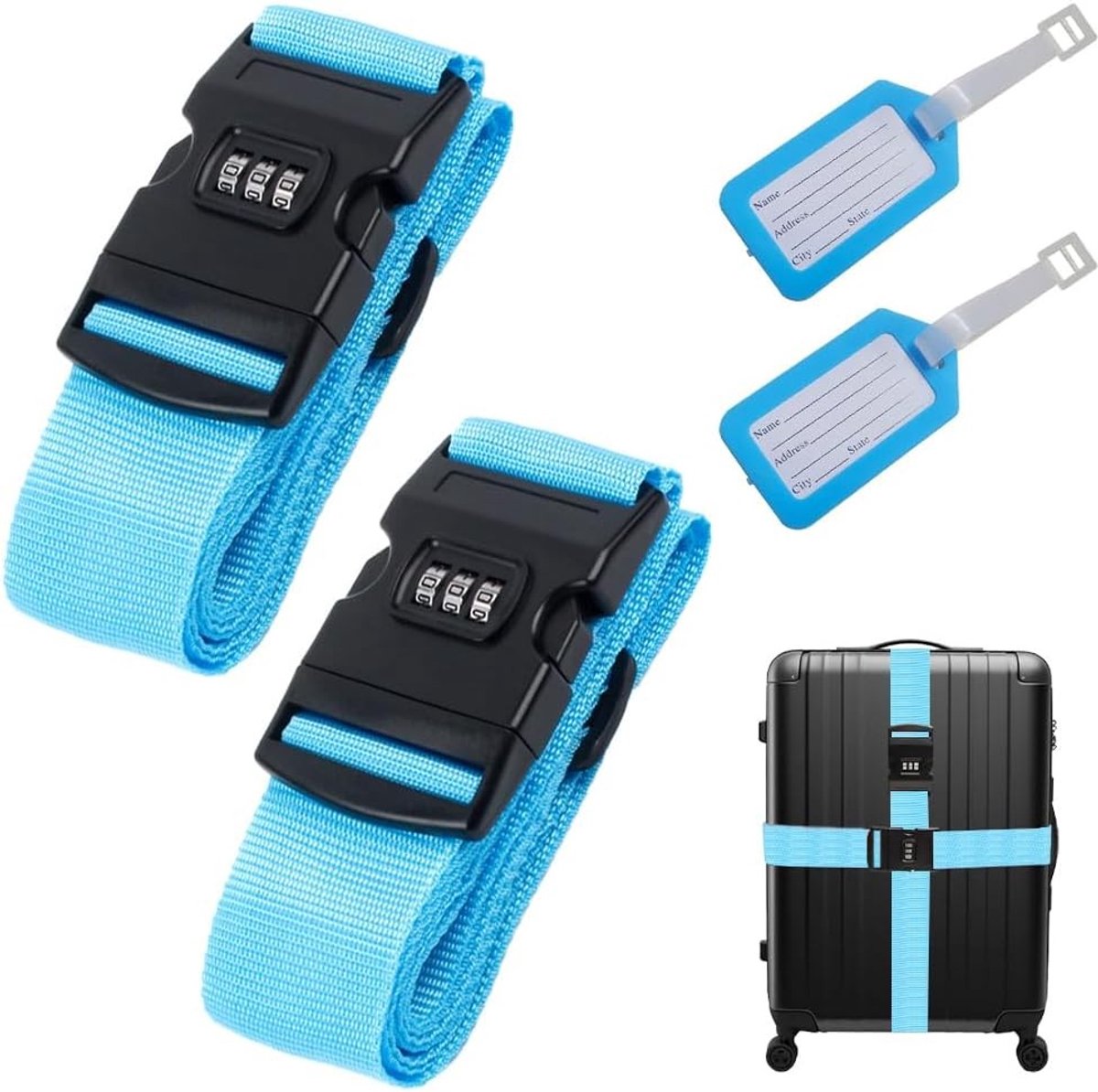 Robuuste en verstelbare bagagestraps met cijferslot (2 x 200 cm) voor veilig reizen, inclusief 2 naamlabels en opvallend ontwerp