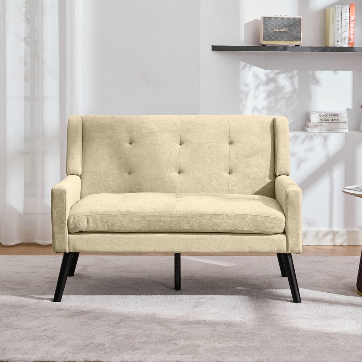 Wishdor Zitbank 2-zits met knopen - Linnen bekleding - Houten poten - Beige - 119 x 75 x 88 cm