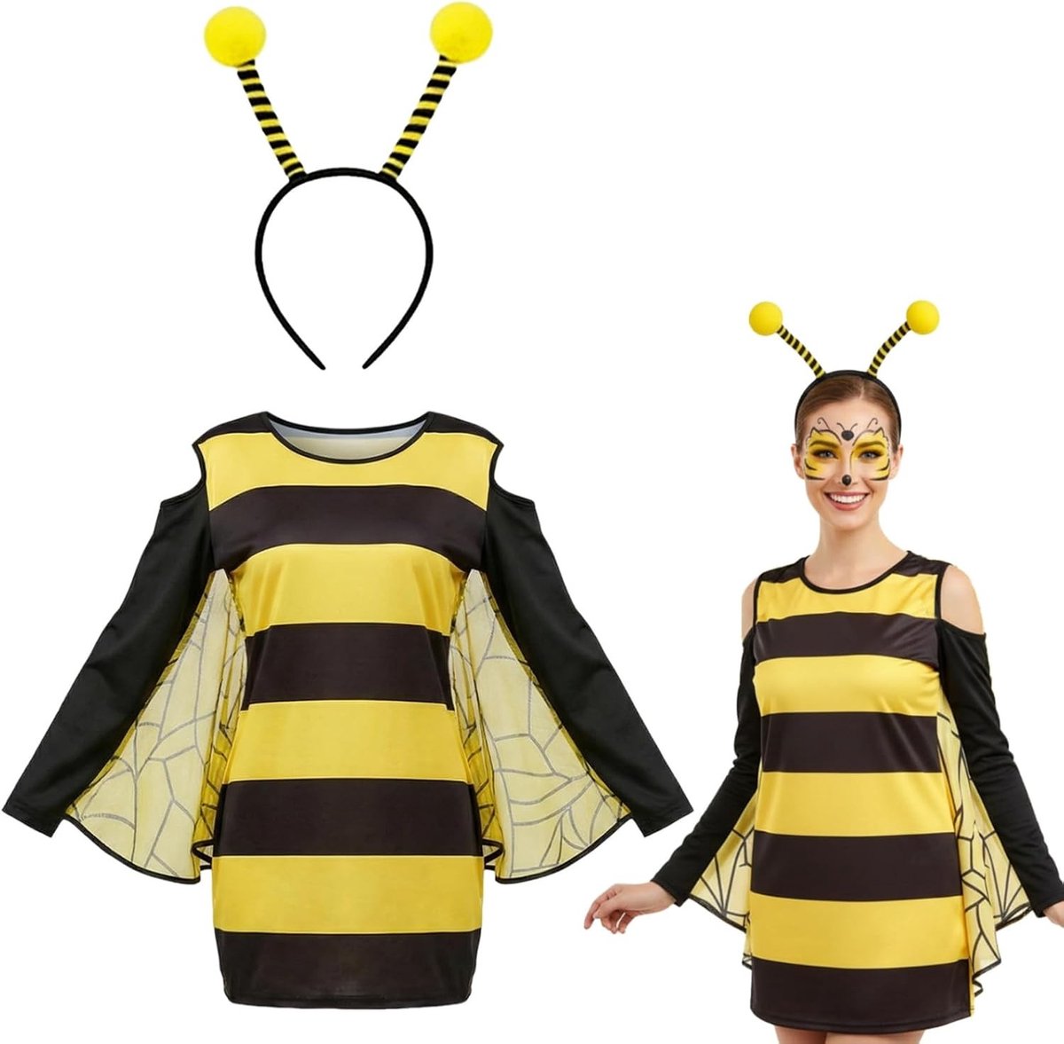 Vrouwelijk Bijen Kostuum (Maat L-XXL) - Insect Cosplay Outfit & Carnaval Outfit voor Plus Size met Lange Mouwen voor Halloween en Feestjes