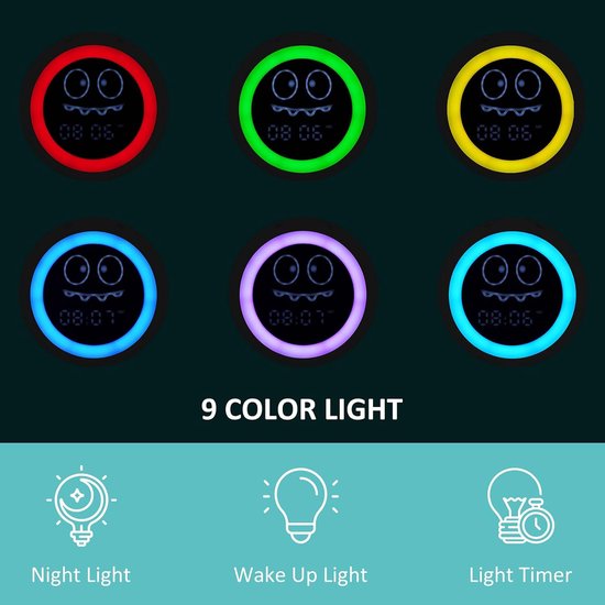 Kinderwekker Slaaptrainer - Peuterklok Nachtlamp - Kind Leren Wakker Worden - Kleuren Gezichtsuitdrukkingen - 12 cm - Groen — afbeelding 3
