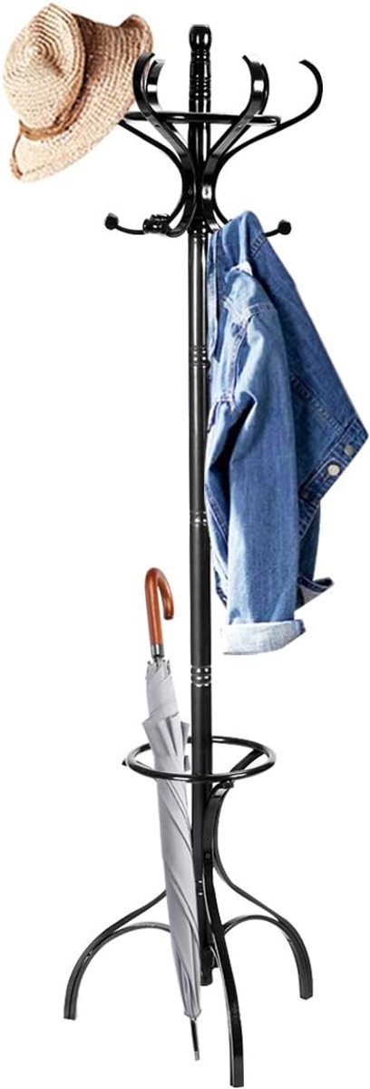 COSTWAY Kapstok, hout, 182 cm, jasstandaard met 12 haken, kledingrek met paraplustandaard, garderobe, staande garderobe (zwart)