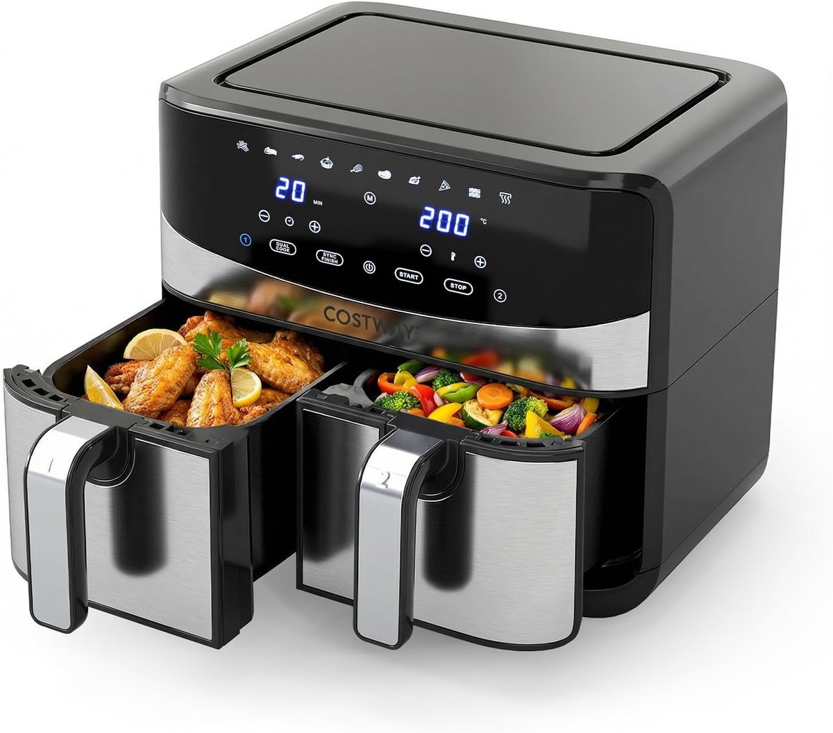 COSTWAY Heteluchtfriteuse, 2 kamers, Airfryer 8,5 l met kijkvenster, Sync Cook & Match Finish, digitaal touchscreen en 360° hete lucht, 2100 W, vaatwasmachinebestendig