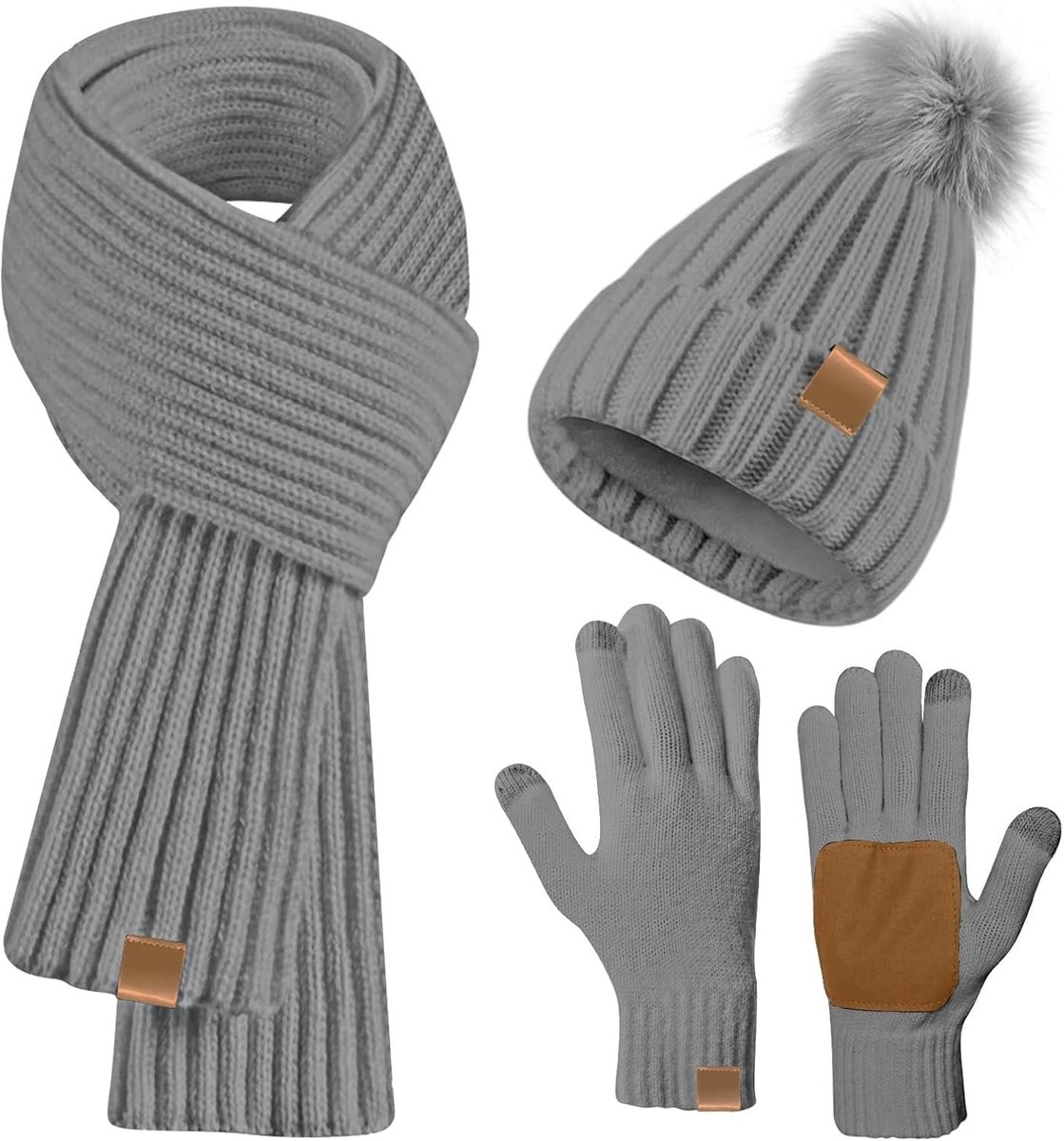 Vrouwen Winterset met Beanie, Sjaal en Fleece Gevoerde Handschoenen - Grijs, One Size, Perfect voor Koude Dagen