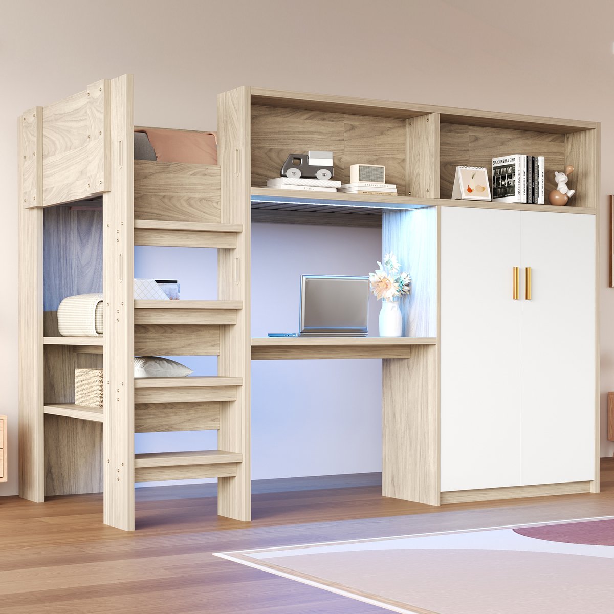 Stapelbed 90x200 cm - Met Opbergruimte - Met LED-verlichting - Met Bureau - Naturel Hout