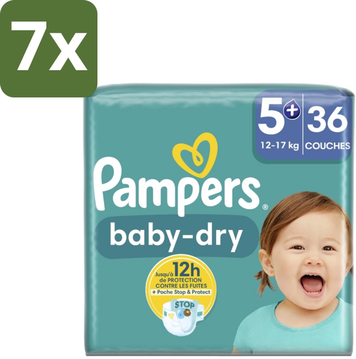 7 x Pampers – Luiers – Baby-Dry Maat 5+ (12-17 kg) – 36 Luiers - Baby-luiers - Droge Huid - Droge Luiers - Baby Droogheid - Droge Luier