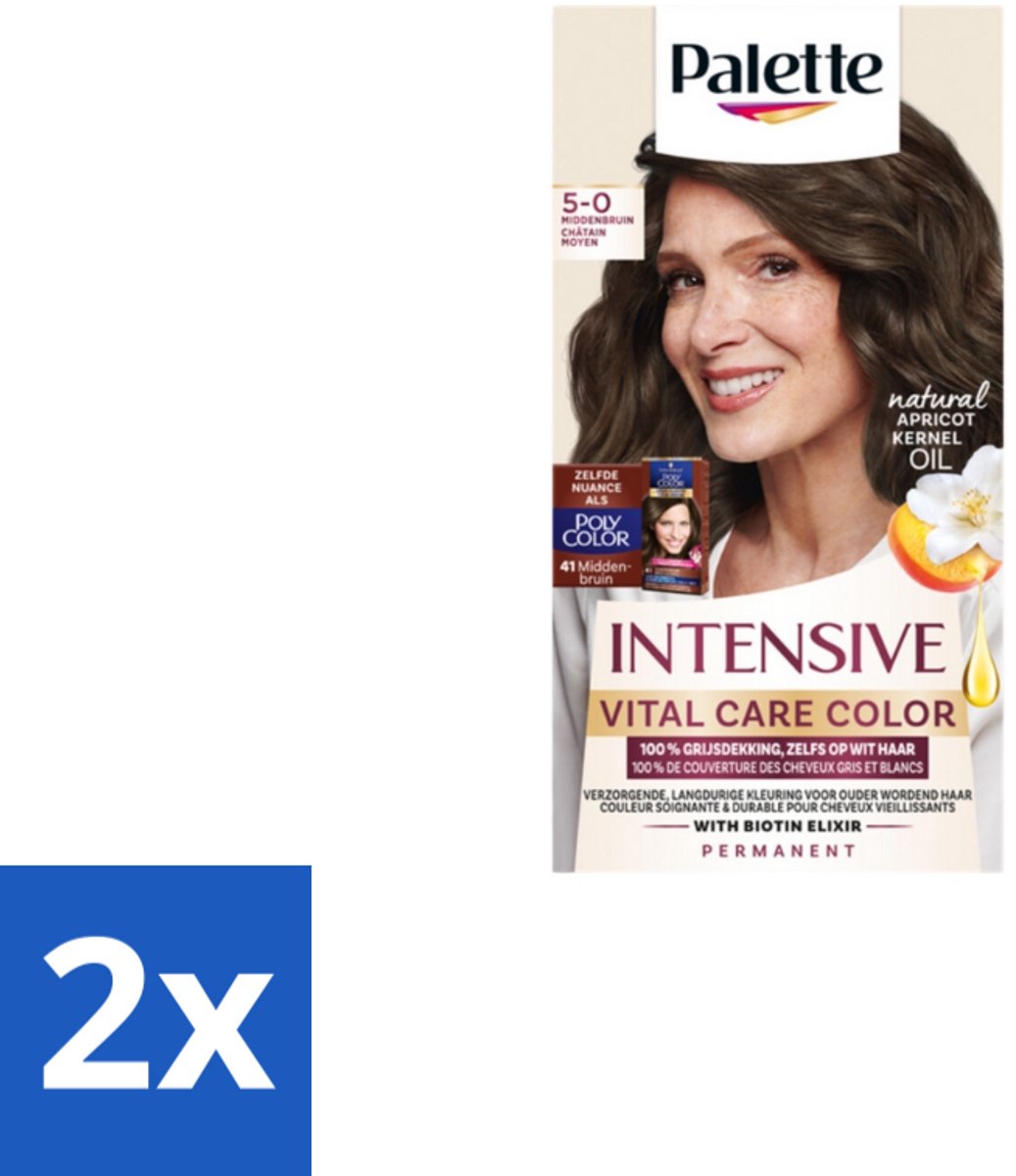 2 x Poly Palette – Haarverf – 5-0 Middenbruin – 115 ml - Haarkleuring - Grijsdekking - Permanente Haarkleuring - Middenbruin - Ouder Wordend Haar