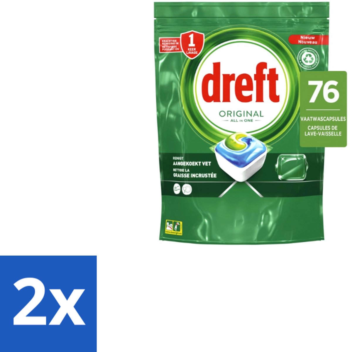 2 x Dreft – Vaatwascapsules – Original All-in-One – 76 Capsules - Vaatwassen - Vaatwascapsules - Reinigingscapsule - Vaatwasser - Vetoplossing