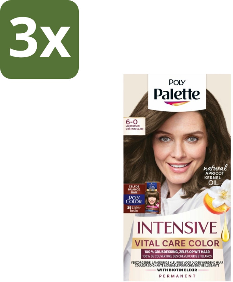 3 x Poly Palette – Haarverf – 6-0 Lichtbruin – 115 ml - Haarkleur - Haarkleuring - Grijsdekking - Lichtbruin - Permanente Haarkleuring