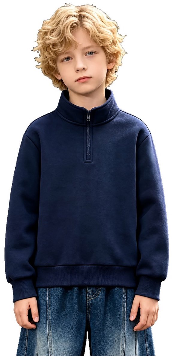 Currero Quarter Zip Jongens Sweater Met Rits Jumper Quarterzip Hoodie Jongen Warme Trui Vest Lang Coltrui 7-8 Jaar Blauw