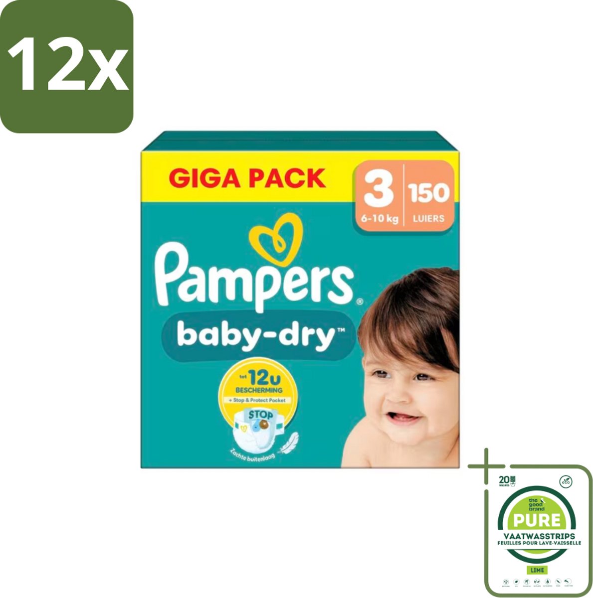 Pampers – Luiers – Baby Dry Maat 3 – 150 Luiers - Voordeelverpakking - 12 stuks - Baby-dry luiers - Lekken voorkomen