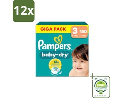Pampers – Luiers – Baby Dry Maat 3 – 150 Luiers - Voordeelverpakking - 12 stuks - Baby-dry luiers - Lekken voorkomen
