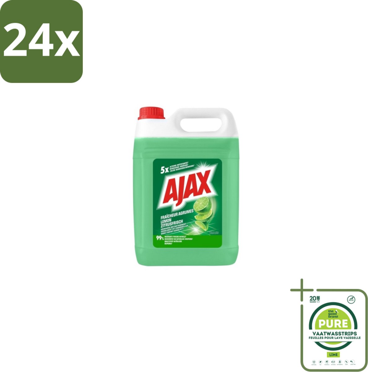 Ajax Allesreiniger Limoen 5 liter - Voordeelverpakking - 24 stuks - Allesreiniger limoen - Krachtige reiniger