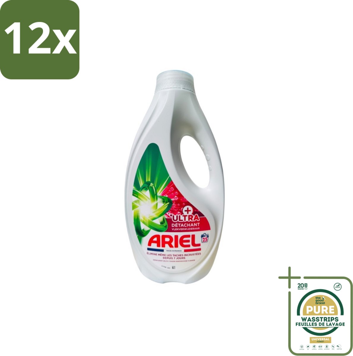 Ariel – Vloeibaar Wasmiddel – Ultra Vlekverwijderaar – 1125 ml – 25 wasbeurten - Voordeelverpakking - 12 stuks - Vloeibaar wasmiddel - Krachtige vlekverwijdering