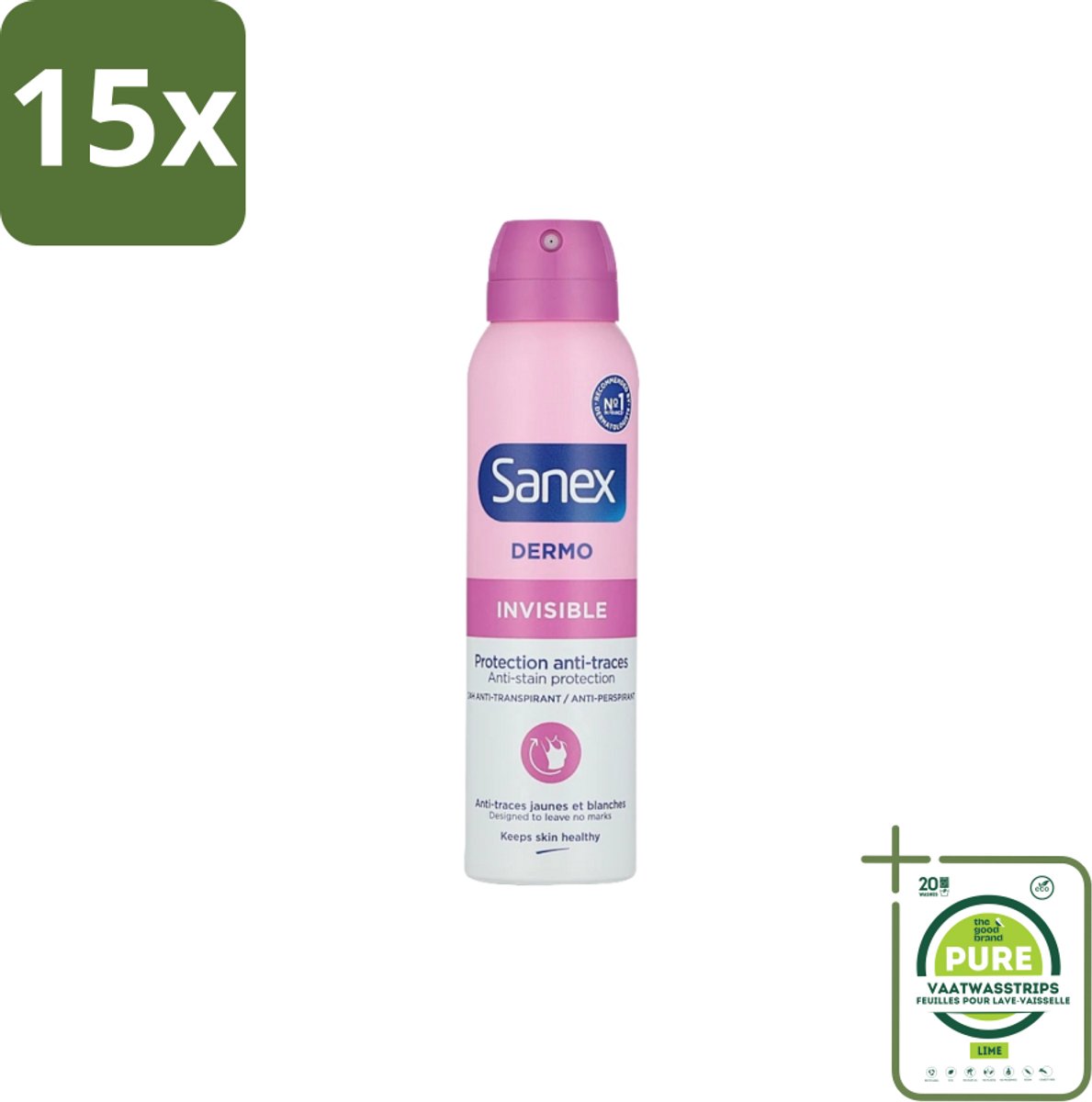 15 x Sanex – Deodorant Spray – Dermo Invisible – 150 ml - Grootverpakking - Onzezichtbare Deodorant - Deodorant Spray - Transpiratieregulatie - Huidbescherming - Strepenvoorkomend