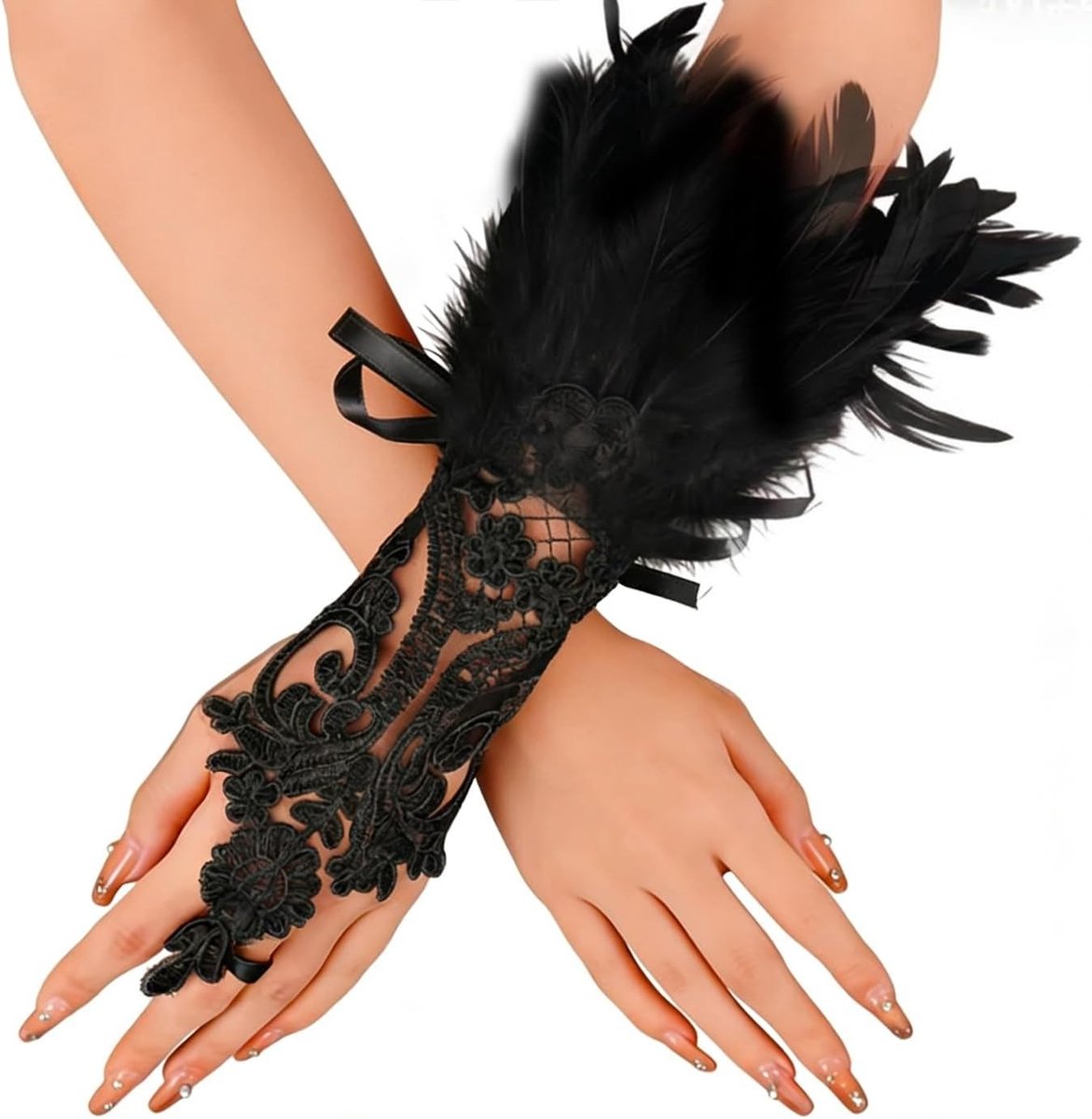 Lace Handschoenen met Veertjes, Gotische Vingerloze Handschoenen voor Carnaval en Halloween, Perfecte Accessoire voor Swan Kostuum en Feestjes