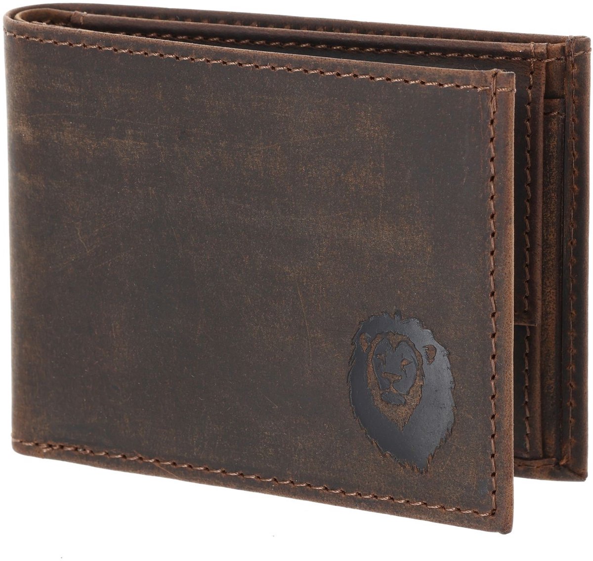 oxmox Leren portemonnee Leather RFID Protect Pocketbörse Freedom Lion Embossed Vintage Dark Brown donkerbruin