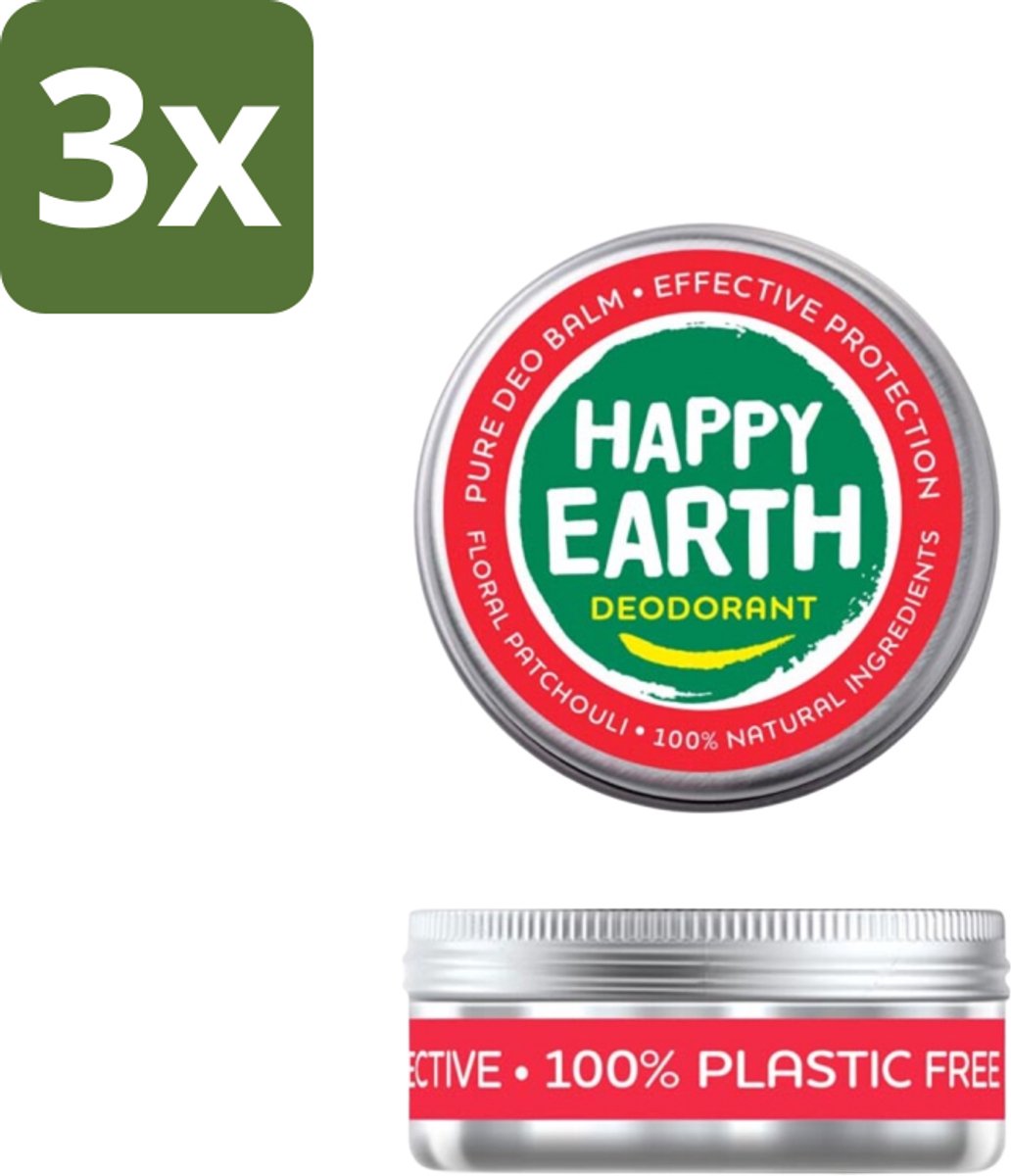Happy Earth – Deodorant Balm – 100% Natuurlijk Floral Patchouli – 45 g - Bulkverpakking - 3 stuks