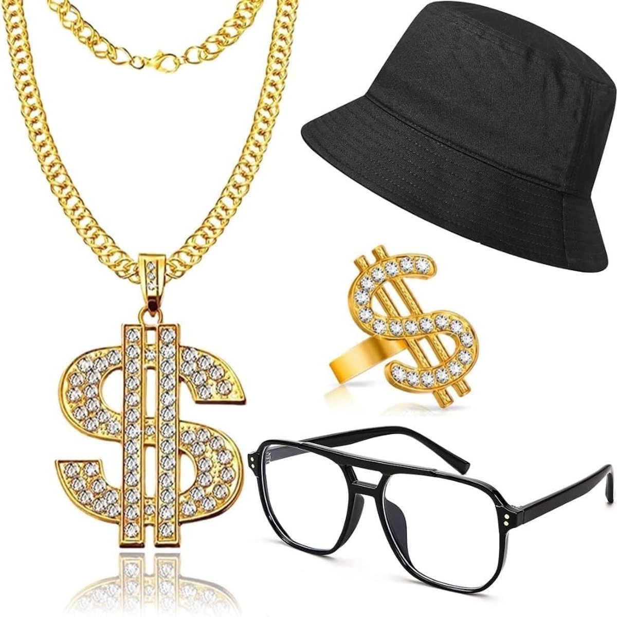Hip-hop Kostuum Set voor Mannen en Vrouwen, 80s / 90s Rapper Accessoires met Zonnebril, Hoed en Ketting voor Halloween Feestdecoratie