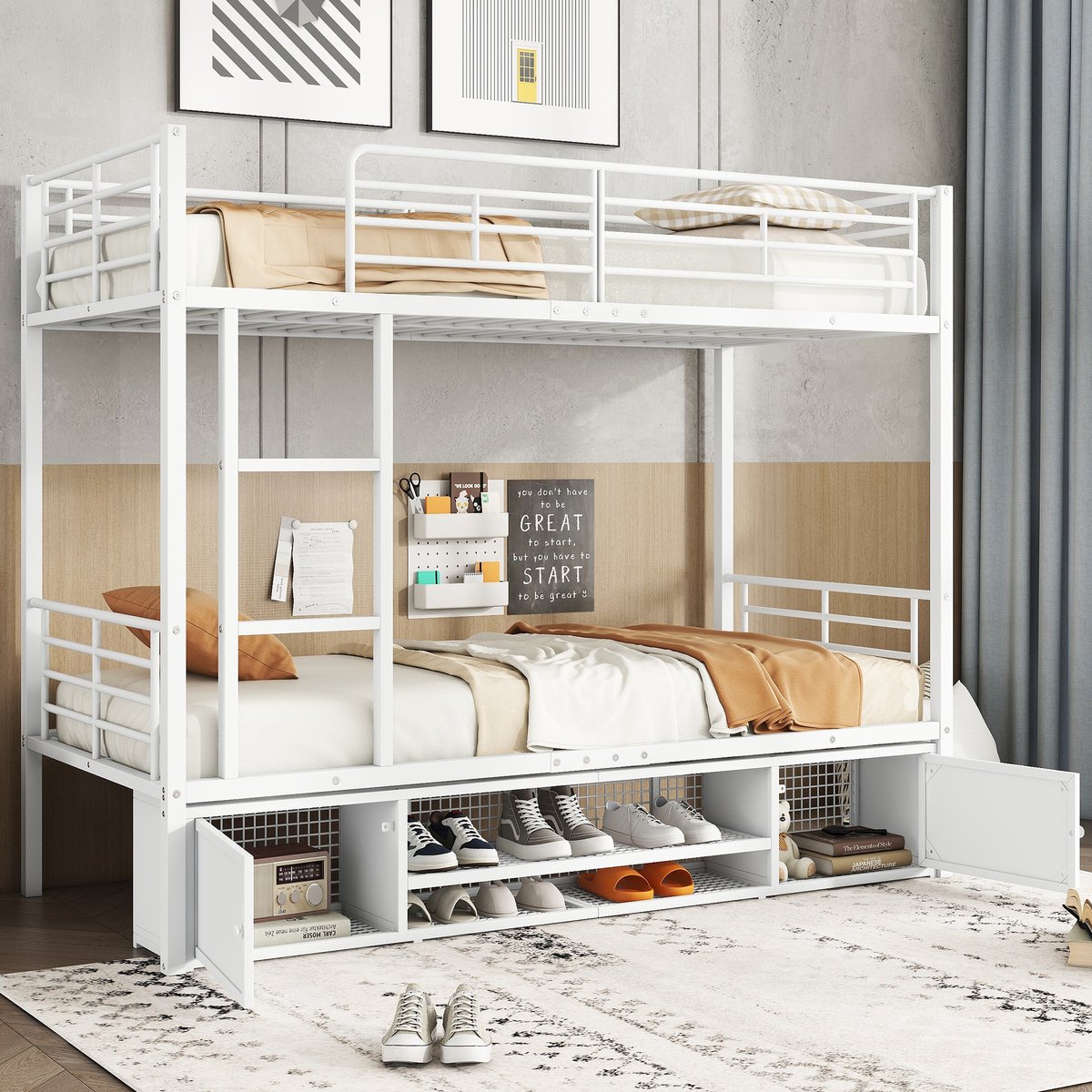 Metalen stapelbed 90x200 cm - Inclusief schoenenrek en opbergkast - Wit - Vierzijdige valbeveiliging - EN747-gecertificeerd - Geschikt voor kinderen en tieners