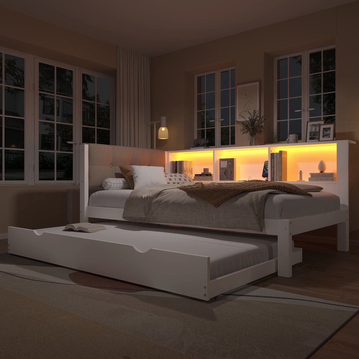 Dagbed 90x200 cm - Met uitschuifbed, dimbare LED en USB - 1-2 personen - Wit - Grenenhout - Zijplanken voor opbergruimte - Flexibel voor kinderkamer en logés