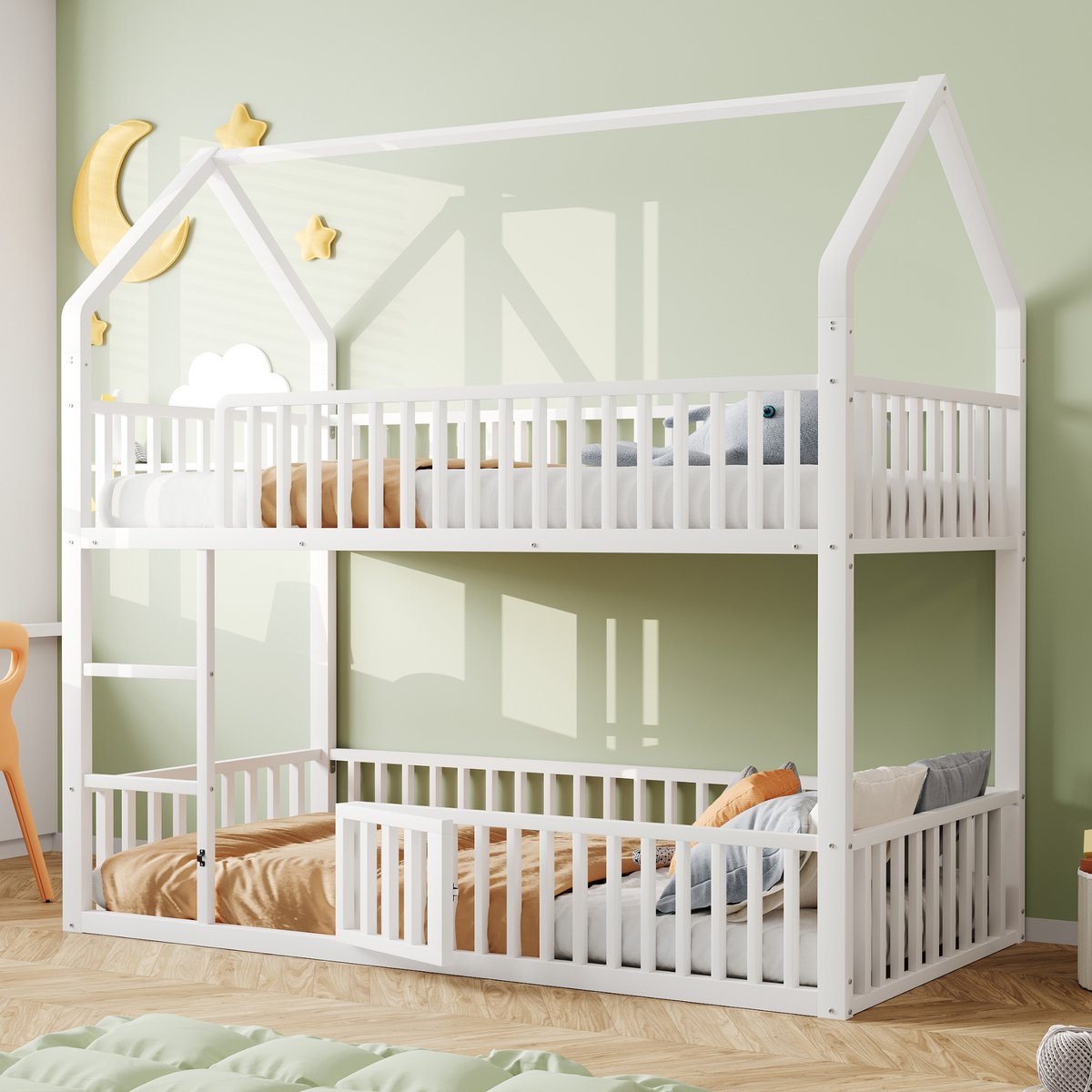 Metalen stapelbed in huisvorm - Multifunctioneel kinder- en tienerbed - 90x200 cm - Wit - Afsluitbare deur onderbed - Frontladder en rondom veiligheidsrekken - Stabiele metalen constructie