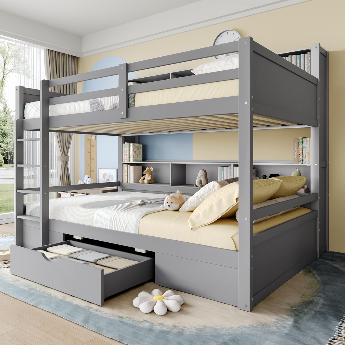 Stapelbed - Complete slaap- en opbergoplossing voor kinderen - 2x 90x200 cm - Grijs - Inclusief lades, zijvakken en een 36 cm hoge valbeveiliging - Robuust massief grenen en MDF