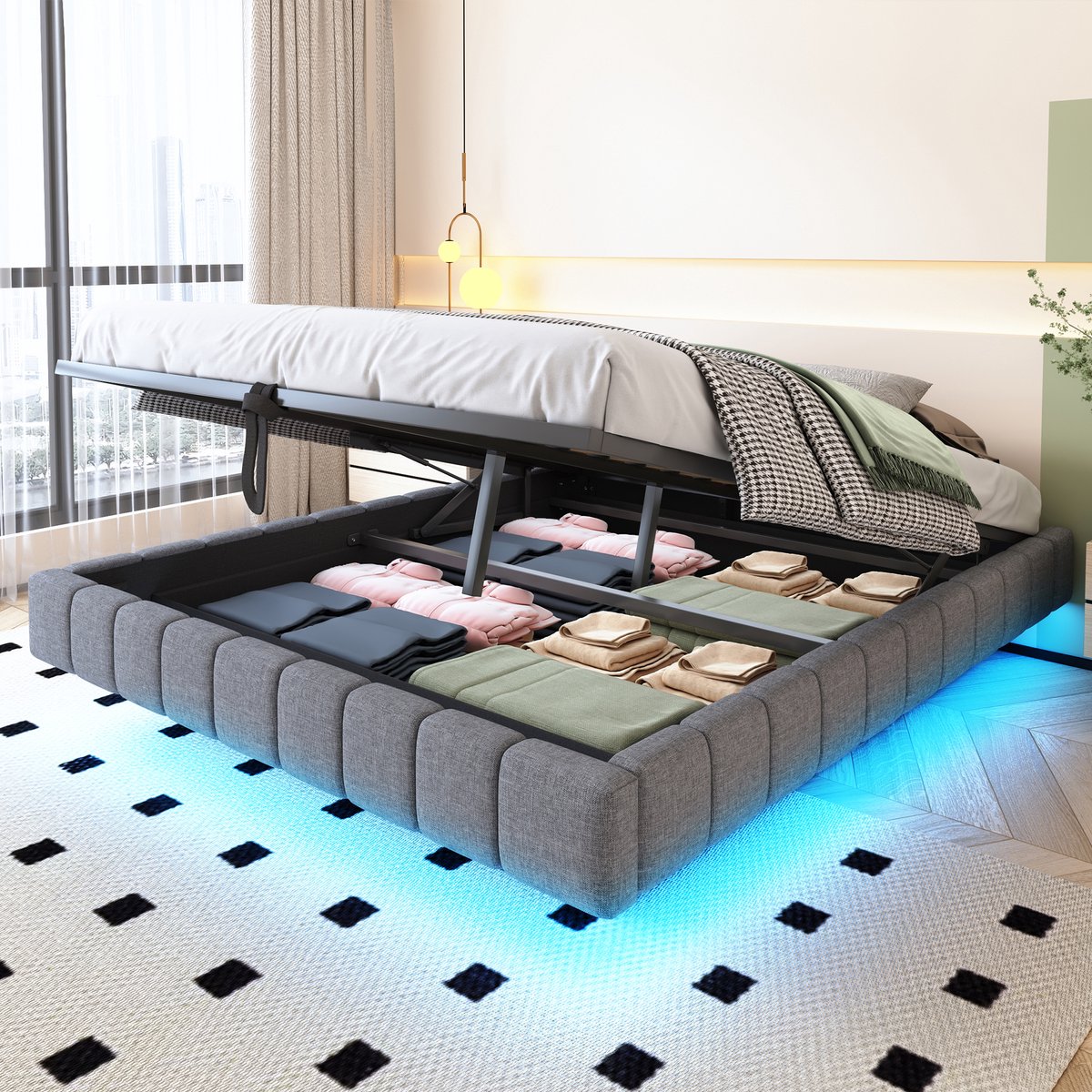 Gestoffeerd bed 160x200 cm - Zwevend frame met hydraulische opbergruimte en LED-verlichting - Grijs - Zonder hoofdeinde, vrij te combineren - Ademende linnen bekleding