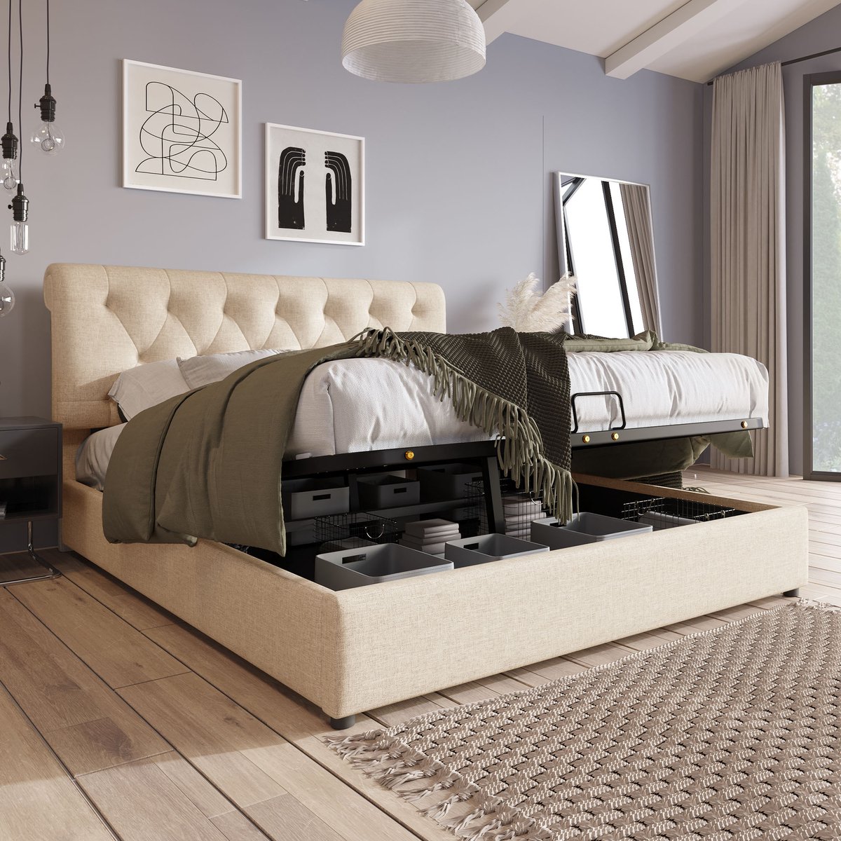 Gestoffeerd hydraulisch opbergbed 160x200 cm - Verstelbaar hoofdbord en gasveersysteem - Natuurlijk linnen - Stevige grenen lattenbodem en metalen frame - Geschikt voor matrasdikte 22-28 cm