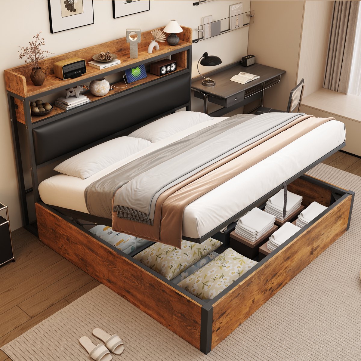 Gestoffeerd hydraulisch opbergbed - met USB-laadpoorten en vintage design - 180x200 cm tweepersoons - zwart - hout-metaal look - gepolsterd hoofdeinde - inclusief lattenbodem