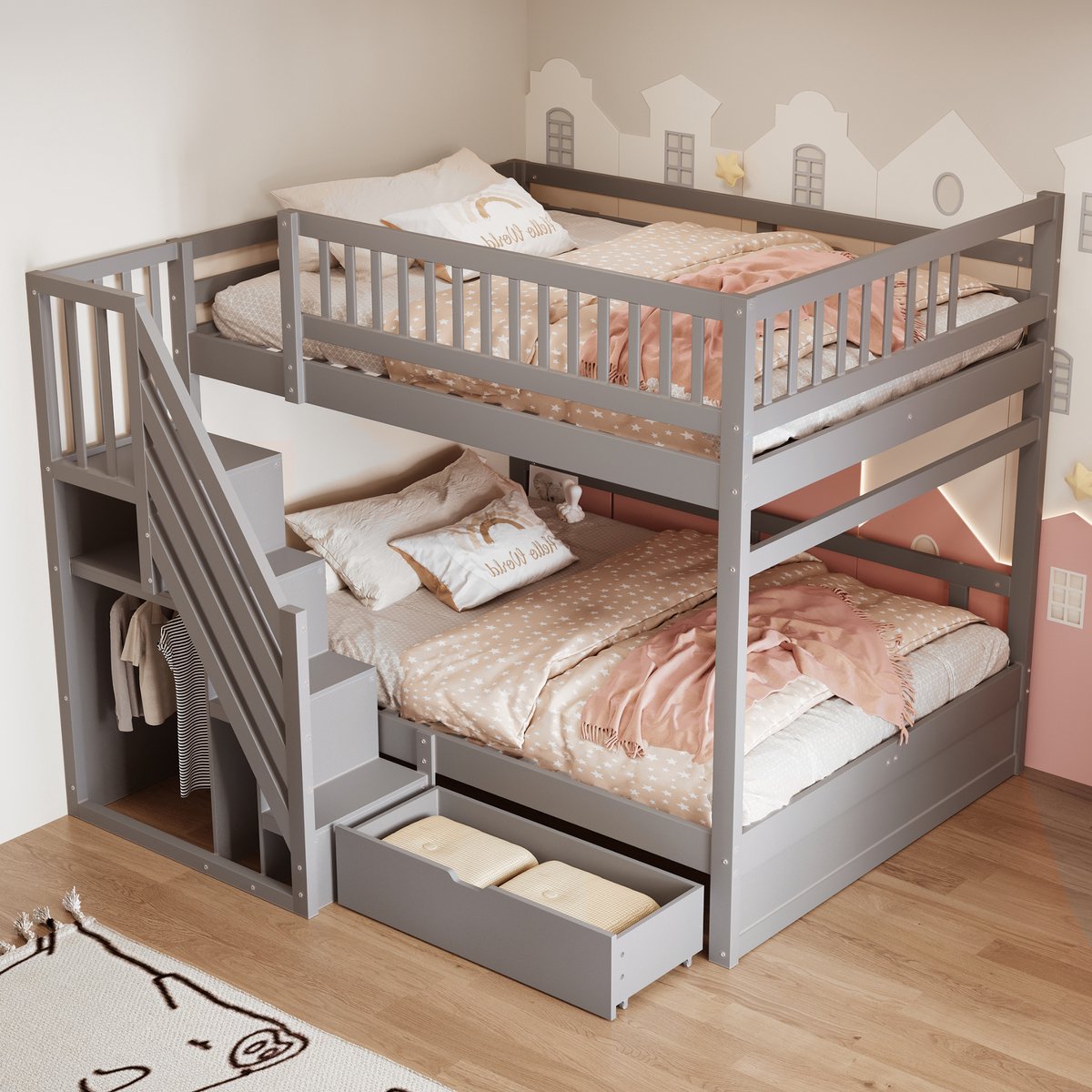 Metalen hoogslaper met bureau, ronde kast en zwevende planken - voor kinderkamer en tienerkamer - 90x200 cm - zwart+vintage houtlook - geïntegreerd werkblad en open kledingrek