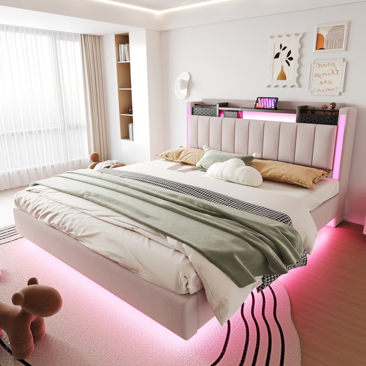 Gestoffeerd bed 160x200 cm - Multifunctioneel hoofdeinde met USB en LED - 2 personen - Beige linnen - Opklapbaar hoofdeinde met verborgen opbergvak - Zwevend ontwerp met verborgen poten