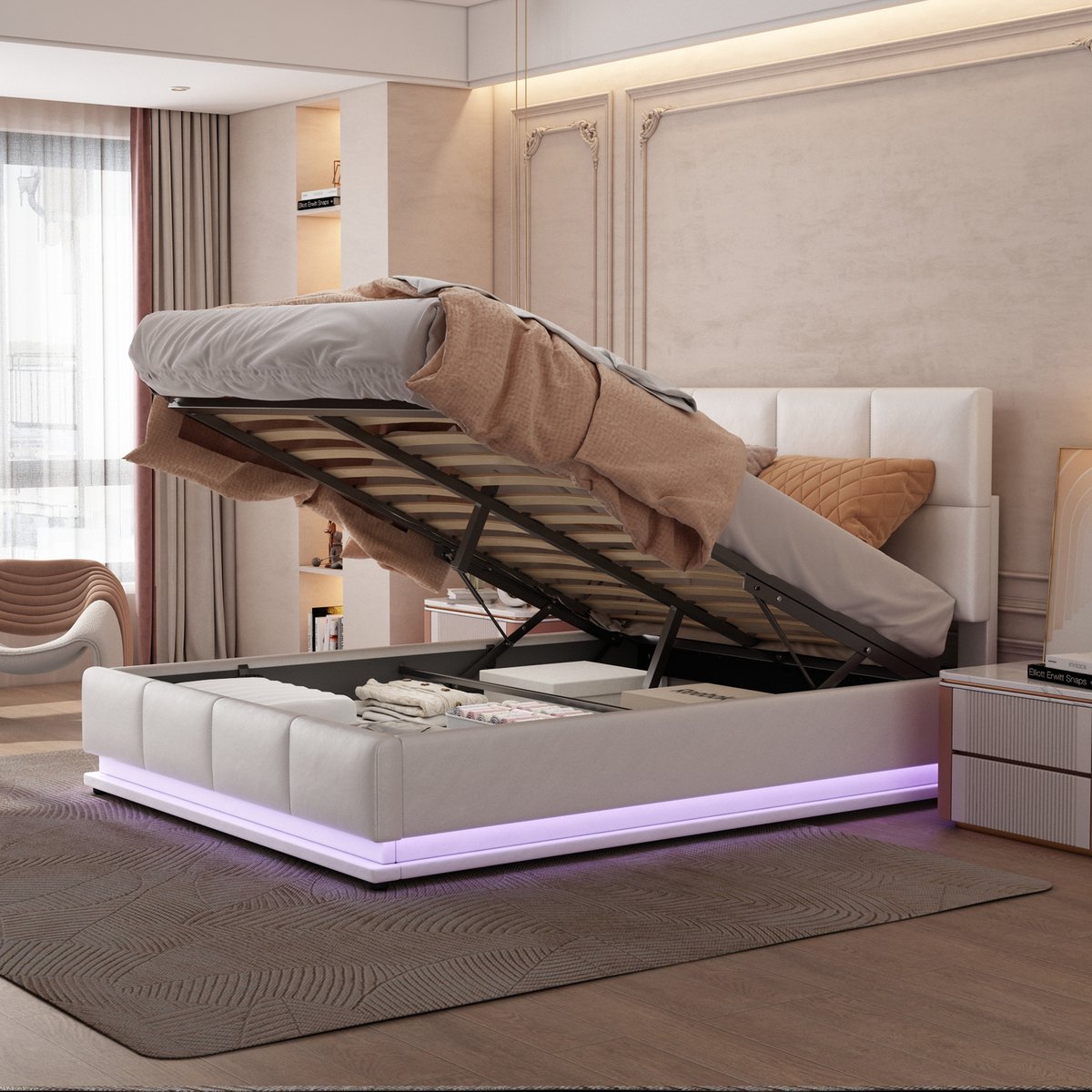 Kunstleren bed 140x200 cm met hydraulische opbergruimte en LED - tweepersoons - wit - 16 kleuren LED met afstandsbediening - 350 kg draagvermogen - lattenbodem inbegrepen