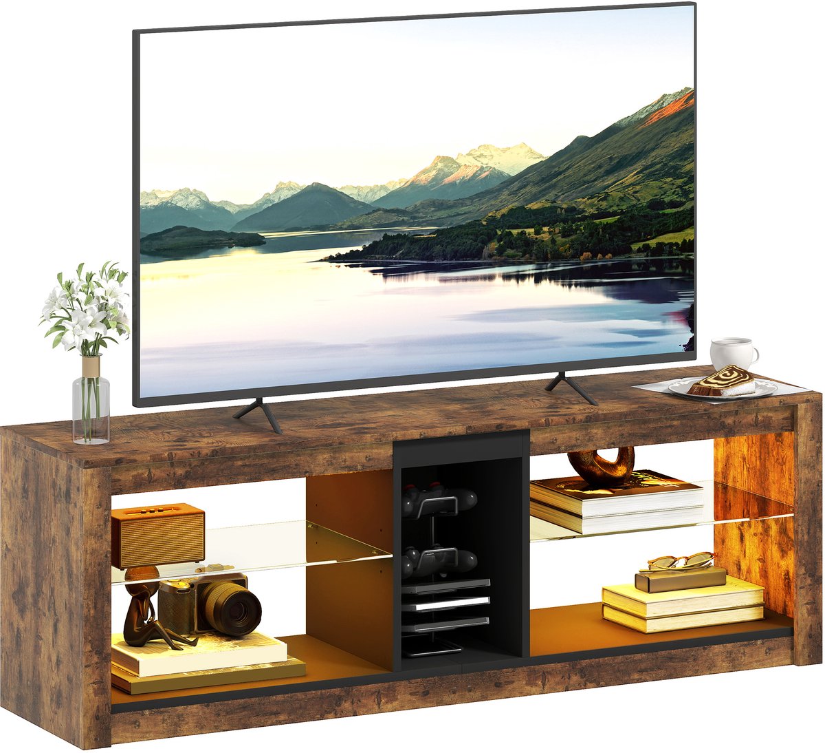 Sogiol® TV-meubel met LED-verlichting en afstandsbediening - planken en open vakken - 140x35x47cm - bruin