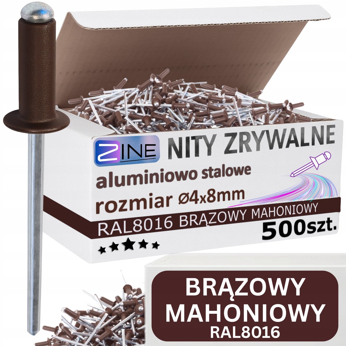 ZINE Aluminium Blindklinknagels 4x8mm RAL 8016 Mahonie Bruin 500 stuks