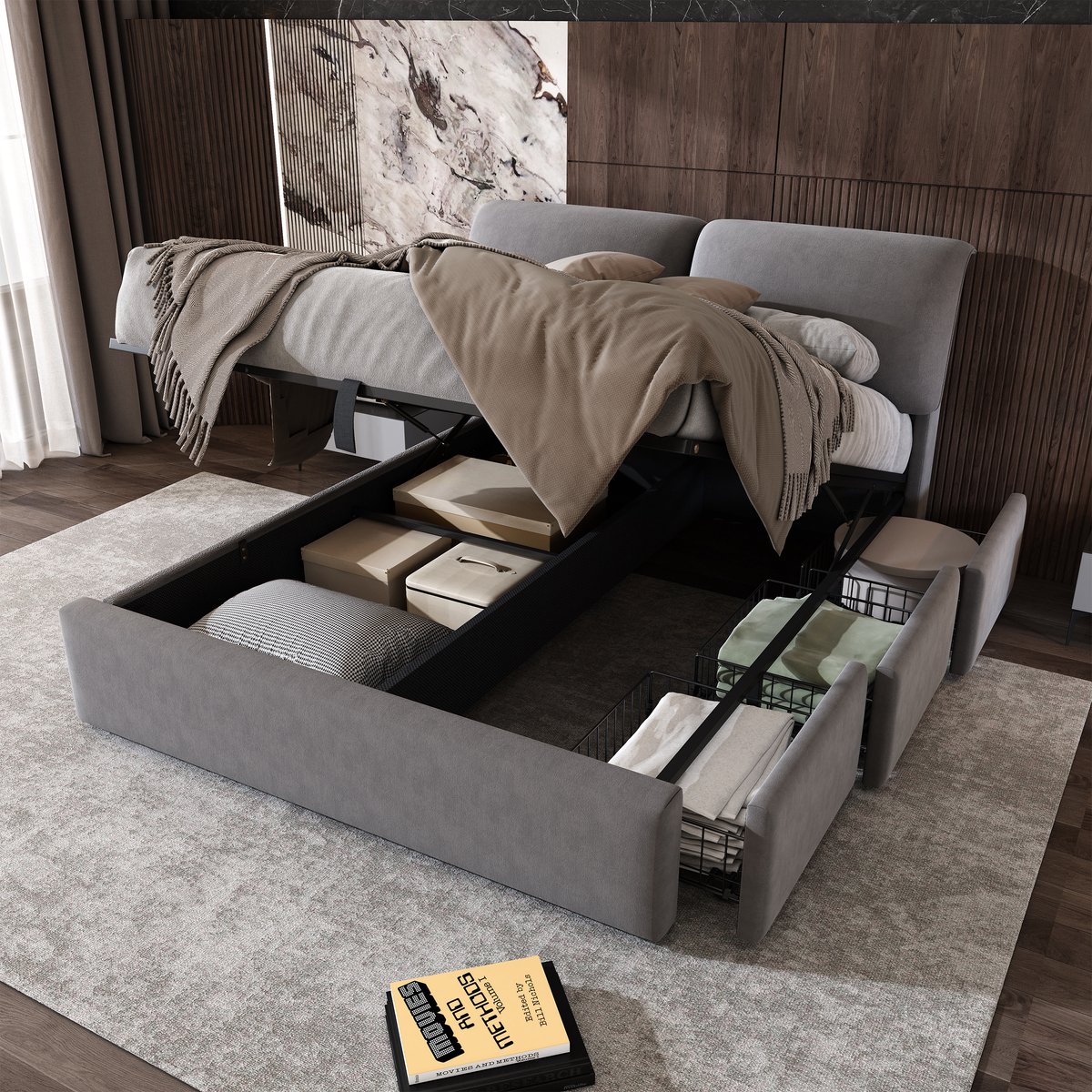 Gestoffeerd hydraulisch opbergbed met 3 laden en verstelbaar hoofdbord - 140x200 cm tweepersoonsbed - Grijs fluweel - Inclusief lattenbodem
