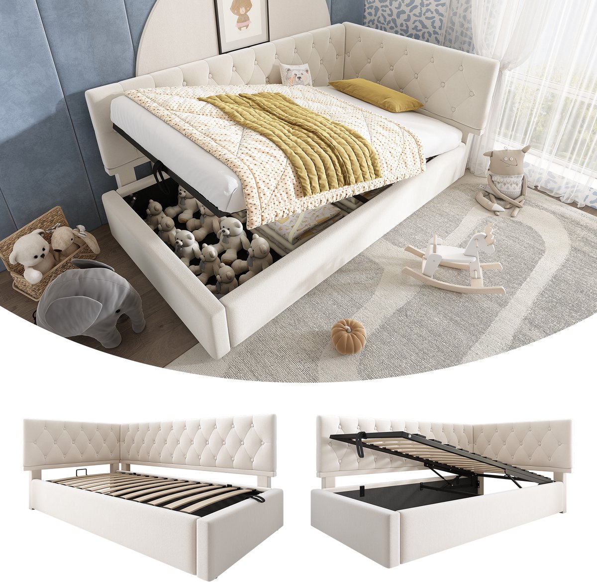 Gestoffeerd dagbed 90x200 cm - Hydraulische opbergruimte - Beige fluweel - L-vormig design met knopen en prisma patroon - Stevig metalen frame - Geschikt als kinderbed, jeugdbed of slaapsofa