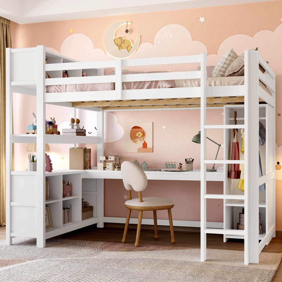 Hoogslaper 140x200 cm - all-in-one met bureau, kledingkast en opbergrekken - eenpersoons - wit - massief grenen en MDF - veiligheidsrek rondom