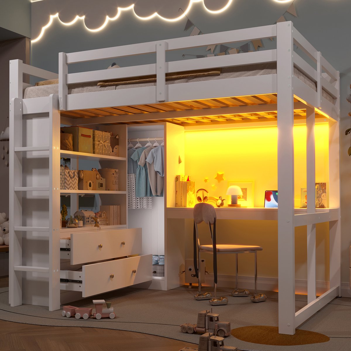Houten hoogslaper 140x200 cm - met bureau, opberglades en open kast - wit - LED-verlichting met USB-poorten - stevig grenen frame - compleet werk- en slaapstation