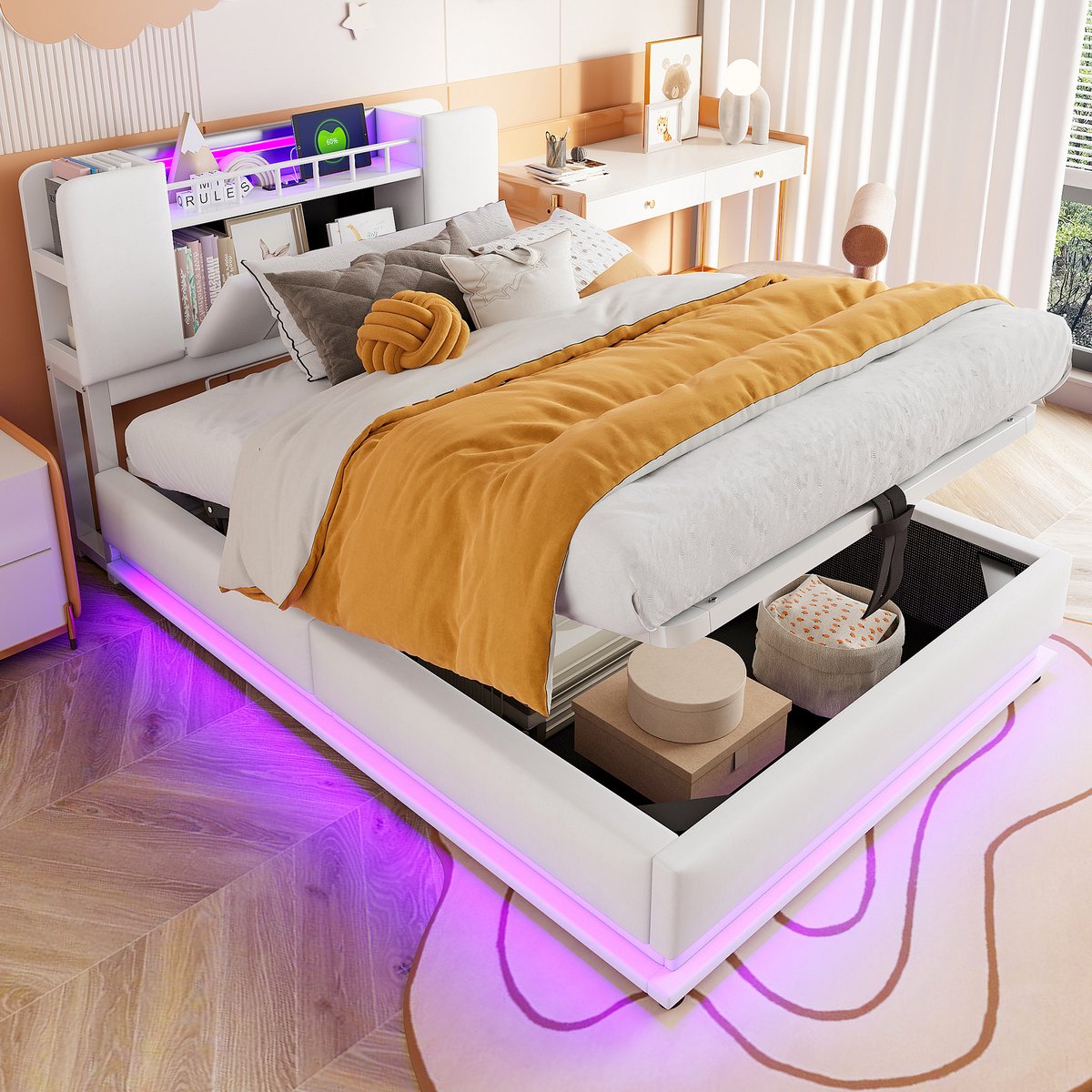 Slim gestoffeerd kinderbed met LED, USB en hydraulische opberging - 90x200 cm eenpersoons - Beige fluweel - Opbergvak in hoofdbord - Geschikt voor matrasdikte 15-21 cm - Max. 150 kg