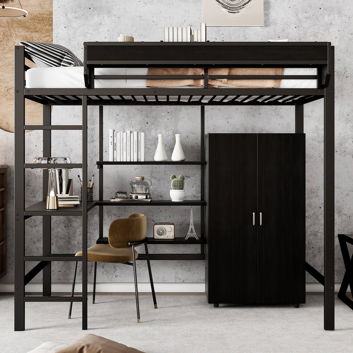 Metalen stapelbed met bureau en kledingkast - ruimtebesparend - 90x200 cm eenpersoons - zwart - 5-tredige ladder - opbergvakken en EN 747 gecertificeerd - stevig ijzeren frame