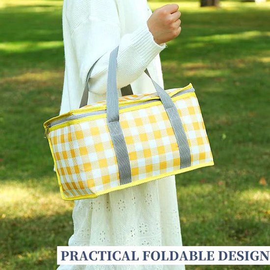 1 stuks‑geïsoleerde tas‑koeltas‑draagbare picknick tas‑waterbestendige opbergtas voor buiten kamperen‑opvouwbare picknicktas‑35x20x22 cm‑geel geruit — afbeelding 2