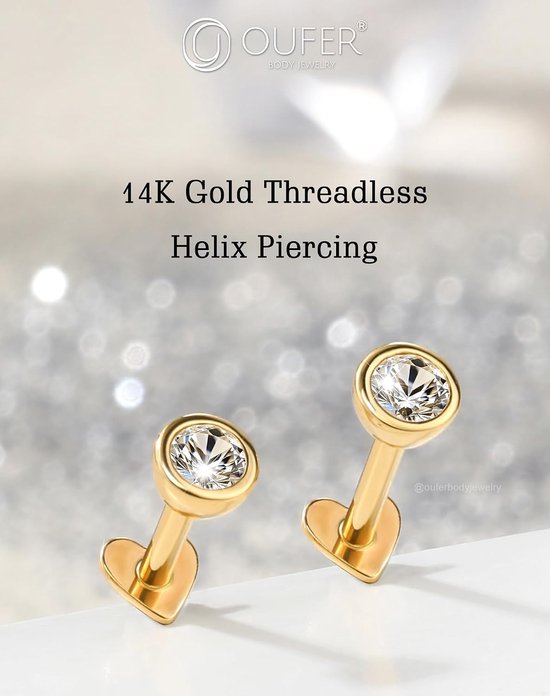 Body Piercing Threadless Labret Piercing Jewellery 14K Gold 16G Helix Earrings Push In Lip Stud Clear CZ Conch Tragus Lobe Piercing Bars — afbeelding 5