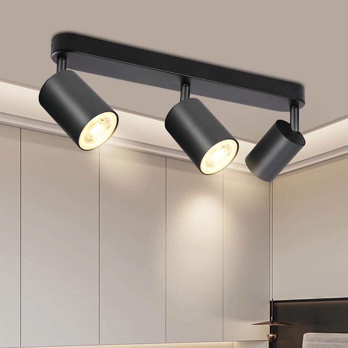 Plafondspot, 3 lichtpunten, zwart, moderne plafondlamp, zwenkbaar, 350 graden, GU10 plafondlamp, spotlight, voor keuken, hal, woonkamer, zonder lampen