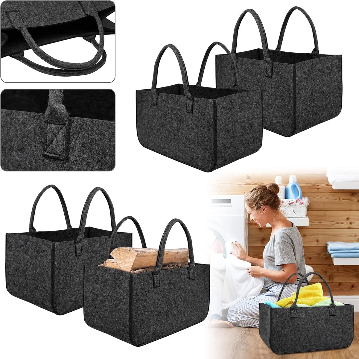 Vilttassen 4 stuks Haardhouttas Vilt, Opvouwbare Grote Haardhoutmand Vilttas Shopper voor Hout Kranten Haardhout Vilttas Afmetingen 50 x 25 x 25 cm - Antraciet