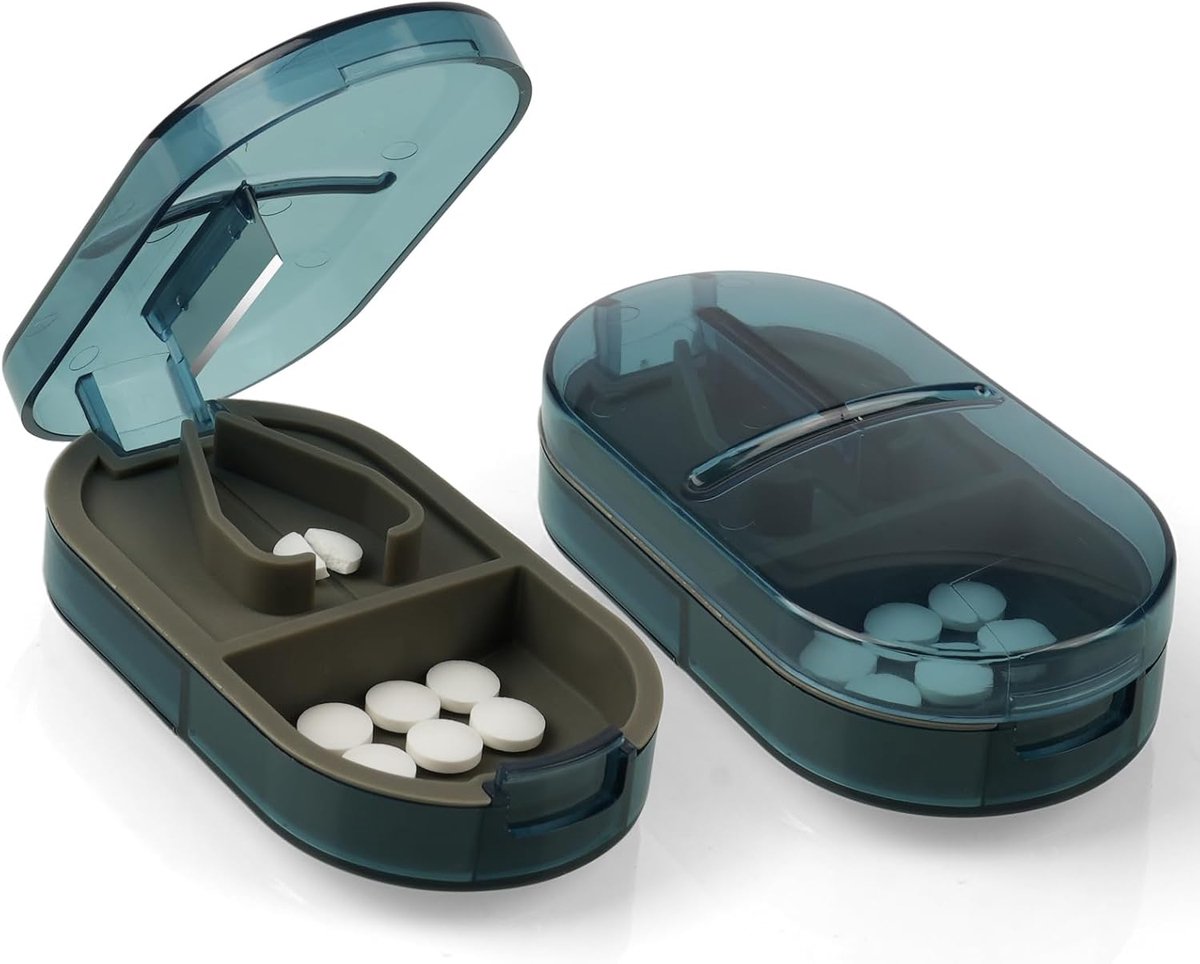 Draagbare Pillensplijter Voor Kleine En Grote Pillen In Halve Kwart Gesneden, 2 In 1 Tabletpillendispenser Voor Ouderen, Kinderen, Huisdieren, Reizen(Transparant blauw)